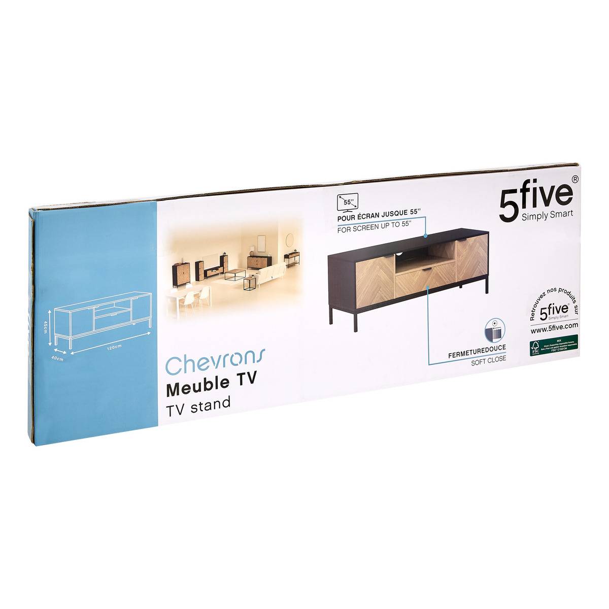 Meuble TV 3 portes effet pin CHEVRONS noir, 5FIVE SIMPLY SMART