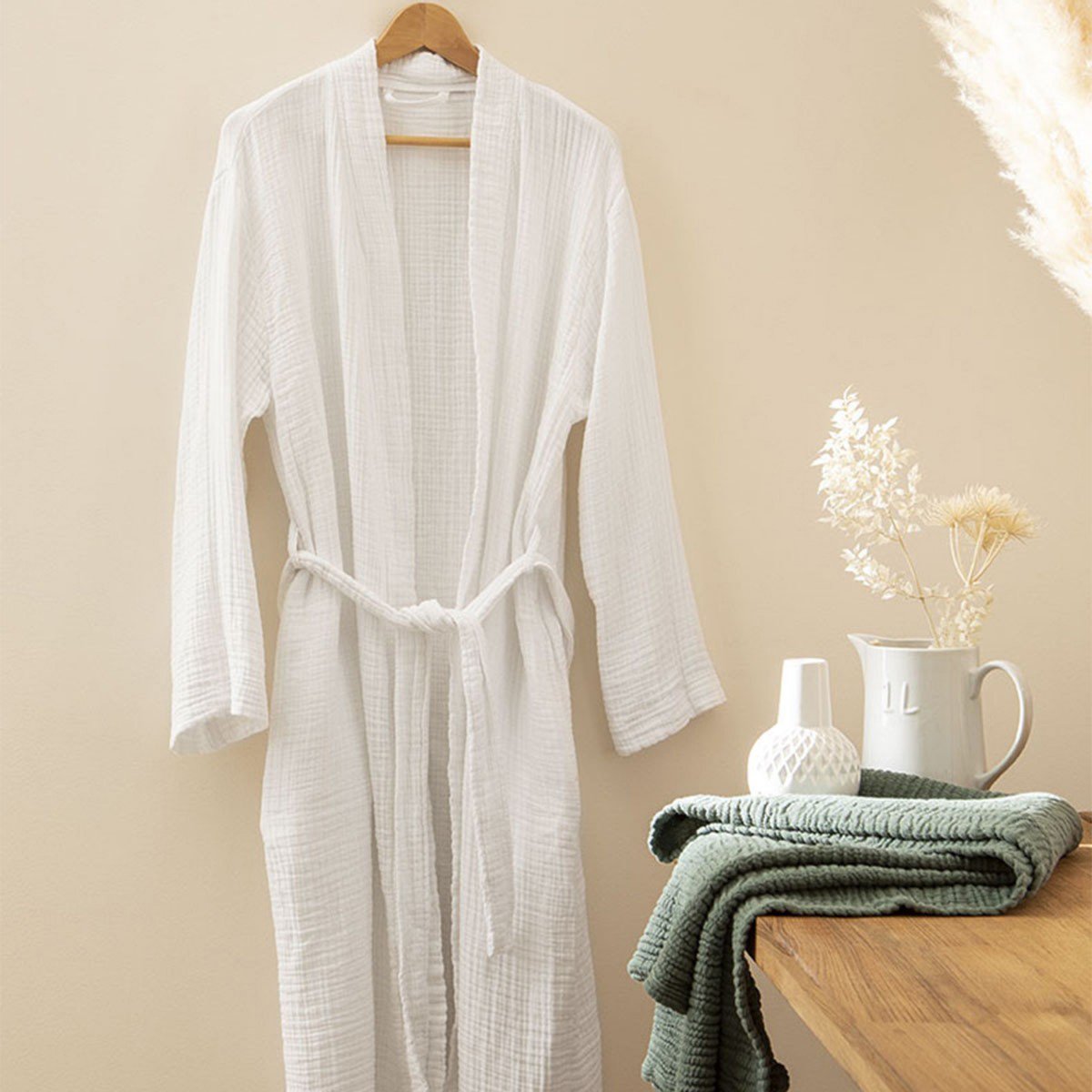 Peignoir uni en gaze de coton, 220gr/m², BONHEUR blanc, ESSIX