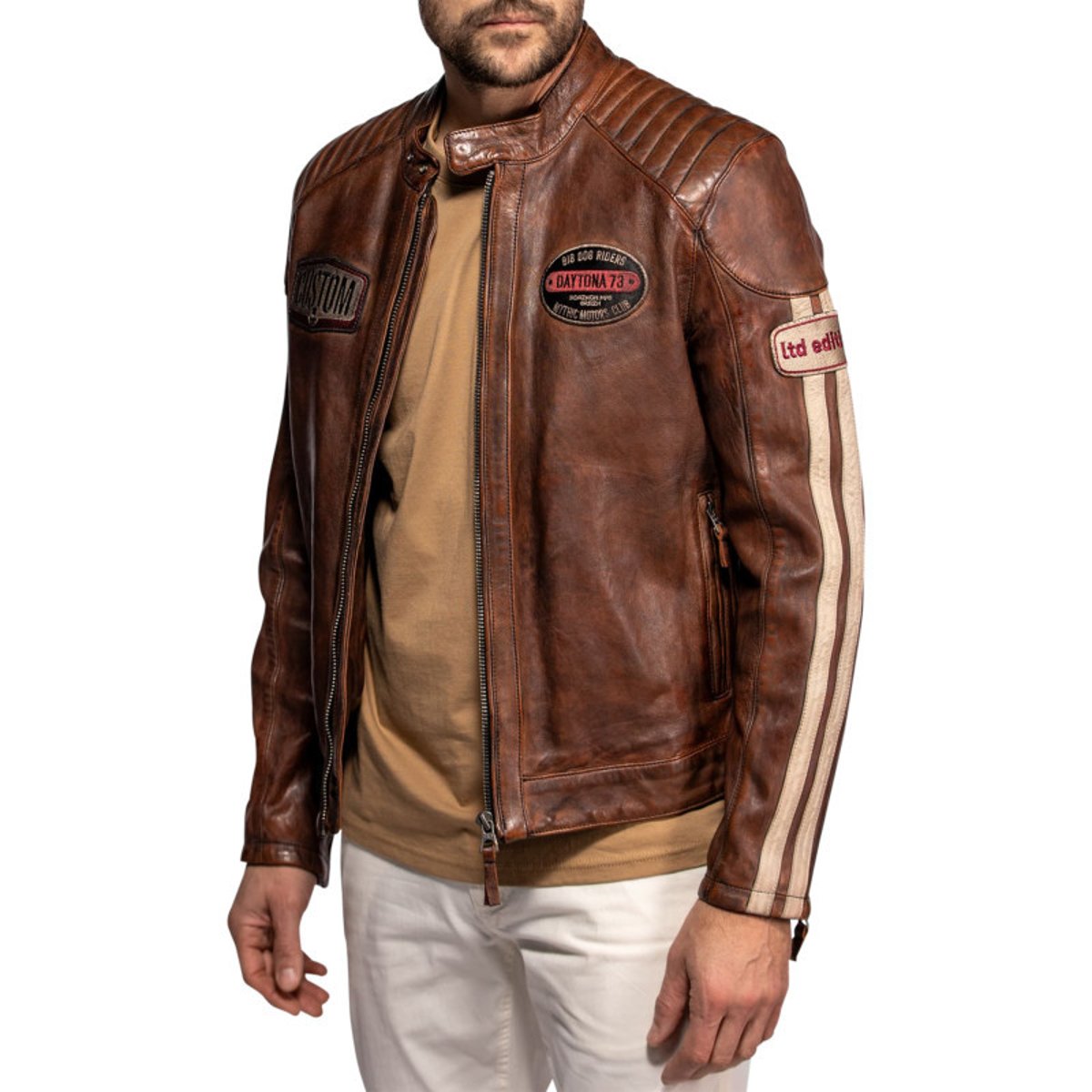 Blouson Corning en cuir d'agneau brun à coupe droite pourvu d'un col boutonné marron, DAYTONA