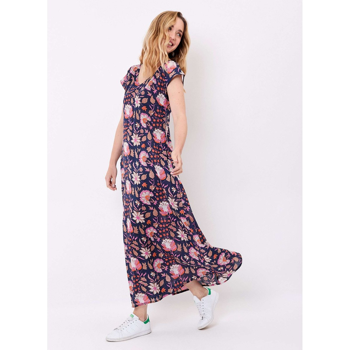 Robe longue imprimée voile de coton bio ALAIANE bleu ganga, LA FIANCÉE