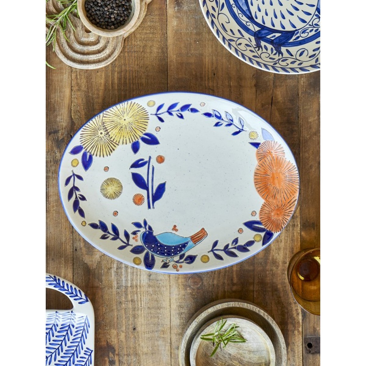 Plat de service grès peint main motif floral  Lynna multicolore, BLOOMINGVILLE