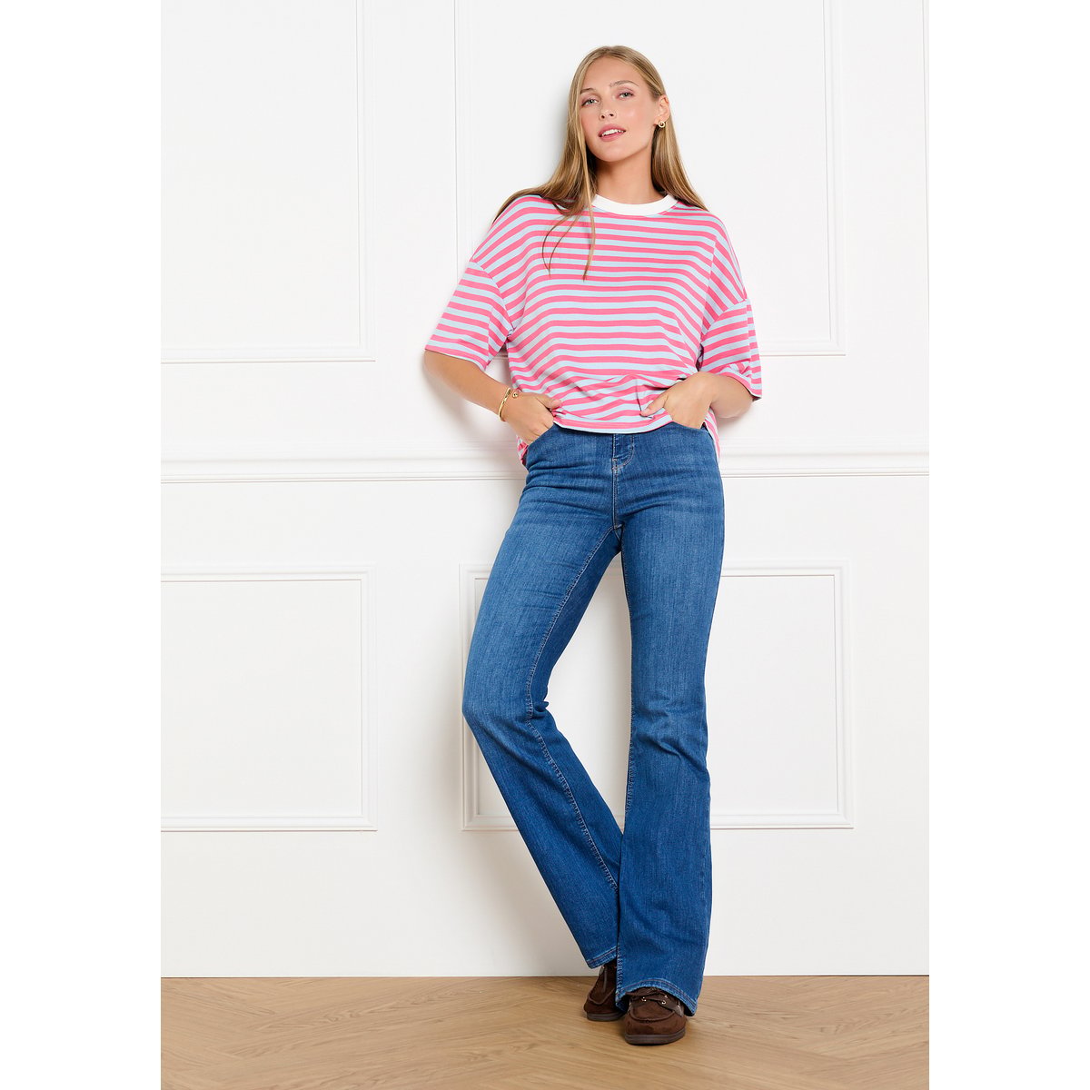 T-shirt rayé manches courtes fuchsia, LOLALIZA