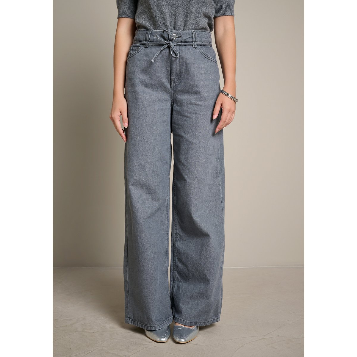 Jean large à taille nouée medium grey, LOLALIZA