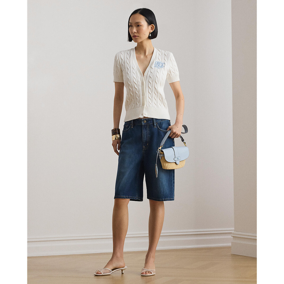 Cotton Cable Knit V-Neck Short Sleeve Cardigan white, LAUREN RALPH LAUREN