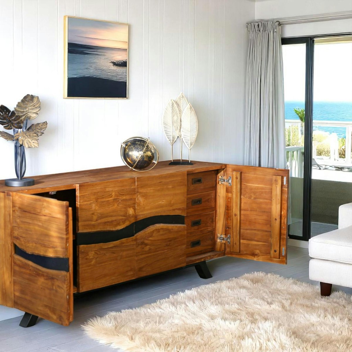 Buffet moderne bois recyclé teck laque noire 200 cm BARBADE bois naturel, PIER IMPORT