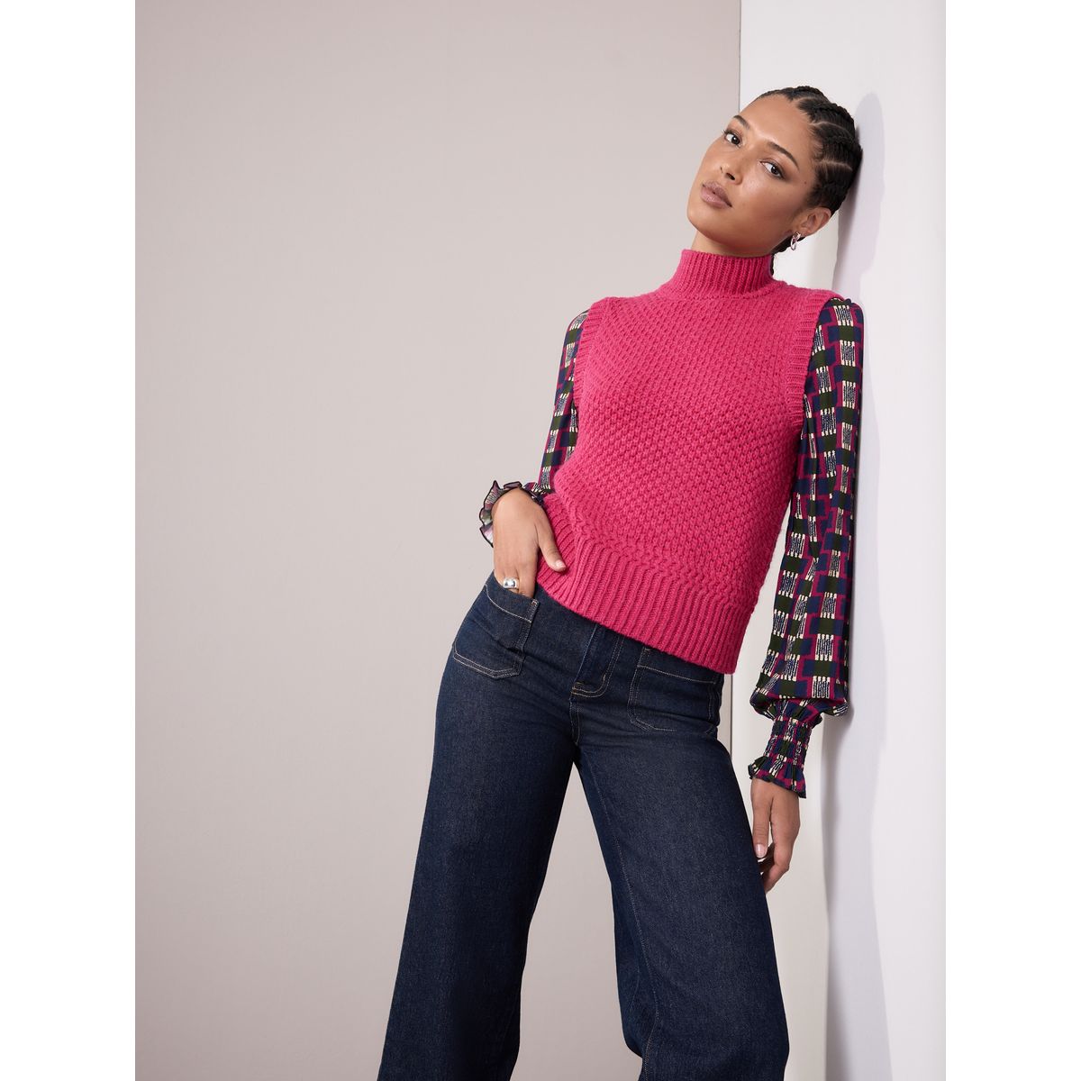 Débardeur tricoté effet superposé avec laine rose vif, NEXT