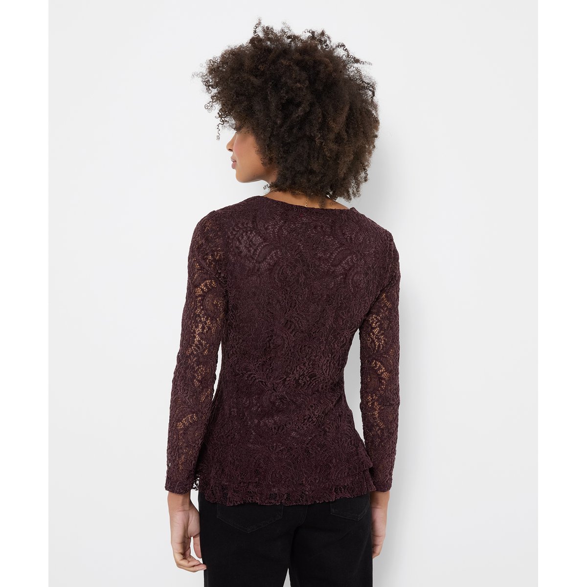 Blouse en Dentelle à Col Bénitier et Ourlet Asymétrique marron, JOE BROWNS