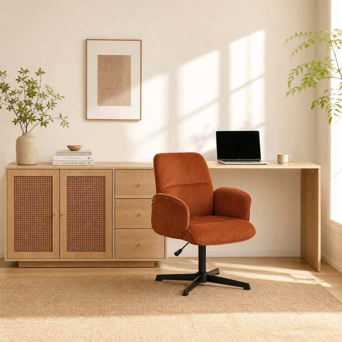 Ensemble de bureau d’angle rotatif avec portes rotin et chaise de bureau, DICCPERNTHOMASINACORD rouge, MEUBLES COSY