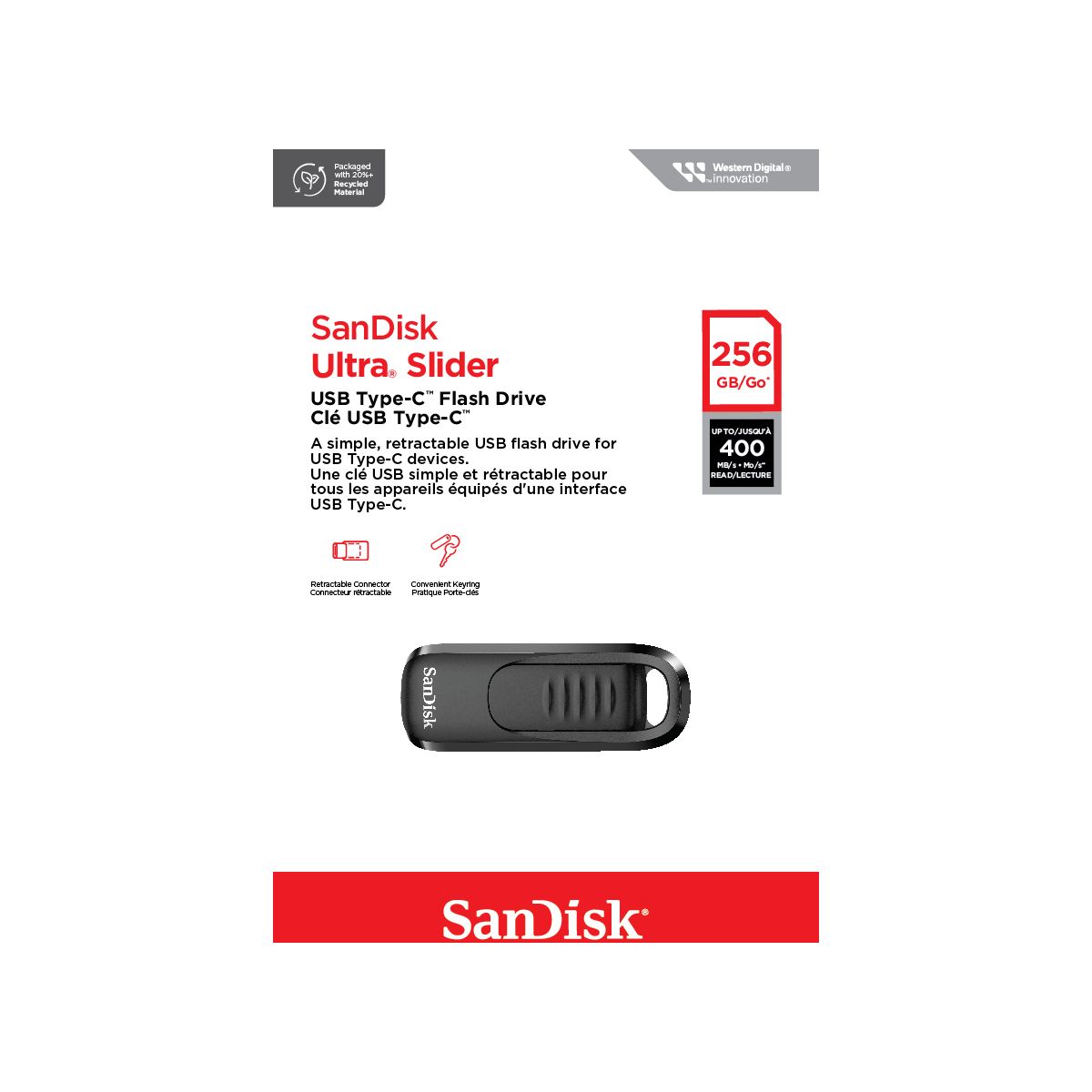 Clé USB Ultra Slider USB Type-C 256GB USB 3.2 G couleur unique, SANDISK