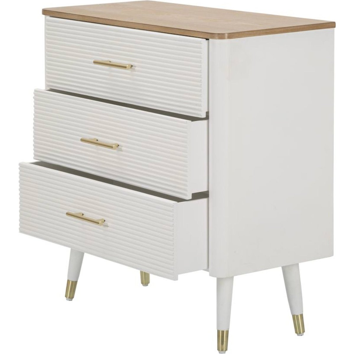 Commode frêne et pin 3 tiroirs poignées laiton blanc et brun avec détails dorés, RECOLLECTION