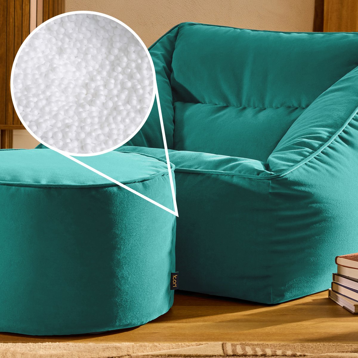 Pouf fauteuil salon et son repose-pied rond en velours mat Oeko-Tex® - NATALIA bleu canard, ICON