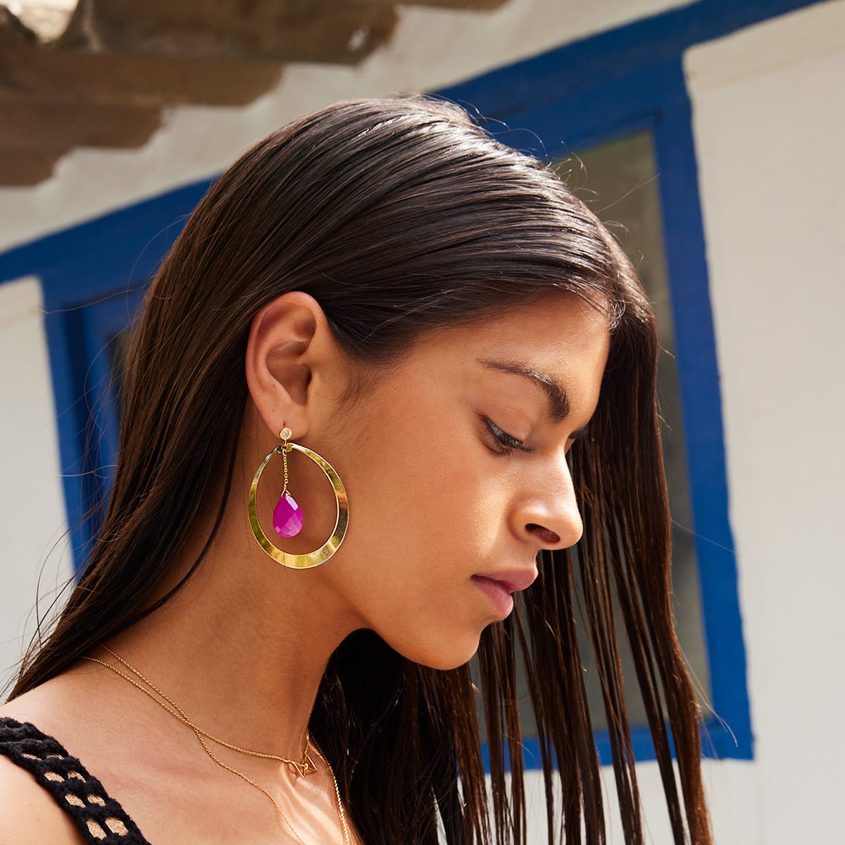 Boucles d'oreilles créoles solange quartz fumé brun, CAROLINE NAJMAN