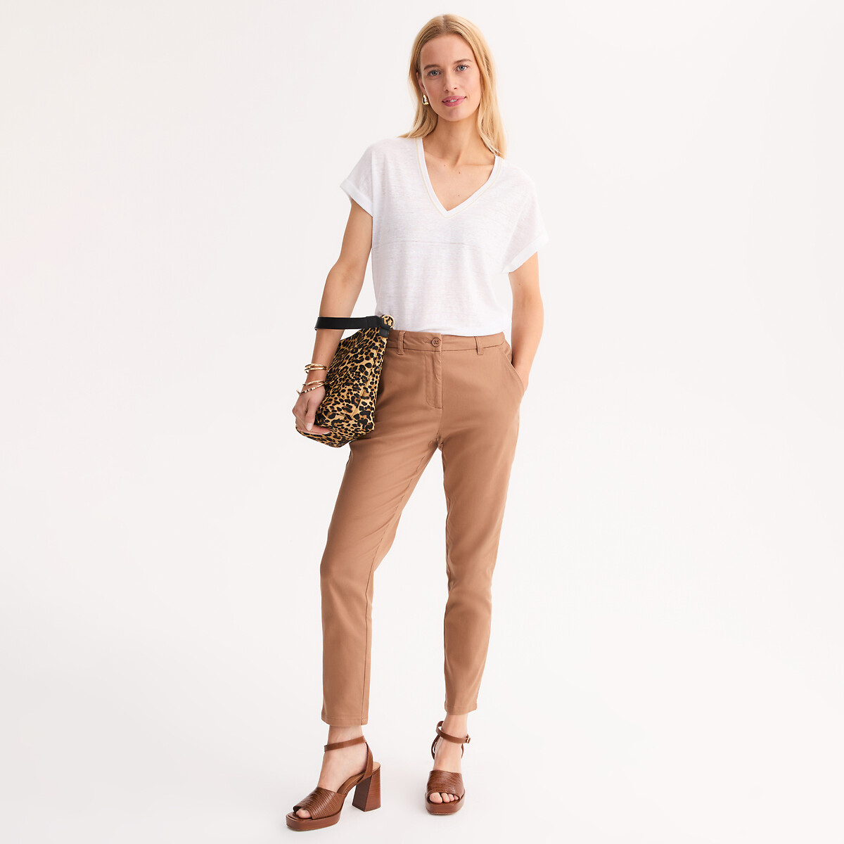 T-shirt en lin, col V, manches courtes blanc, ANNE WEYBURN