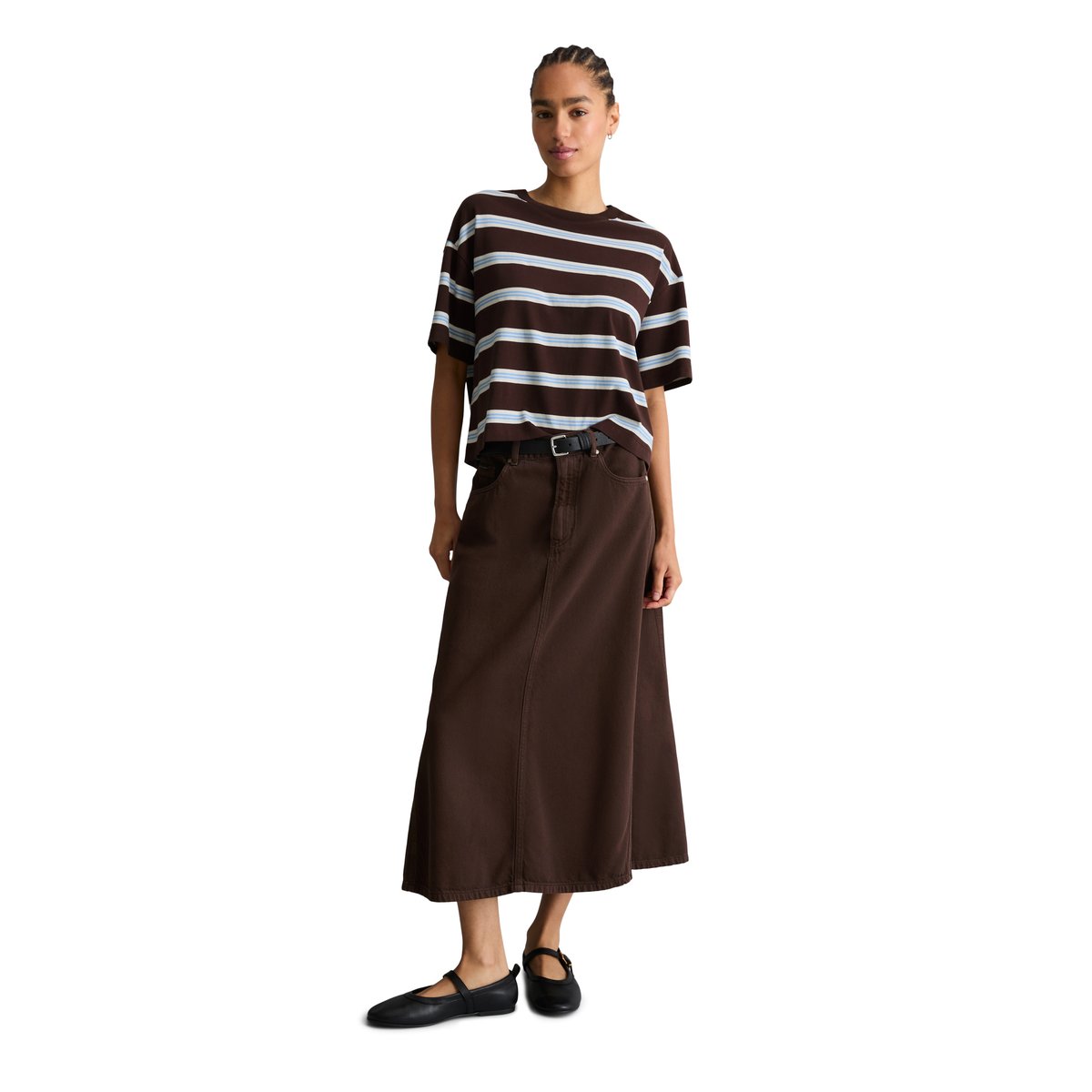 T-shirt rayé relaxed en jersey lourd marron foncé, MARC O’POLO DENIM
