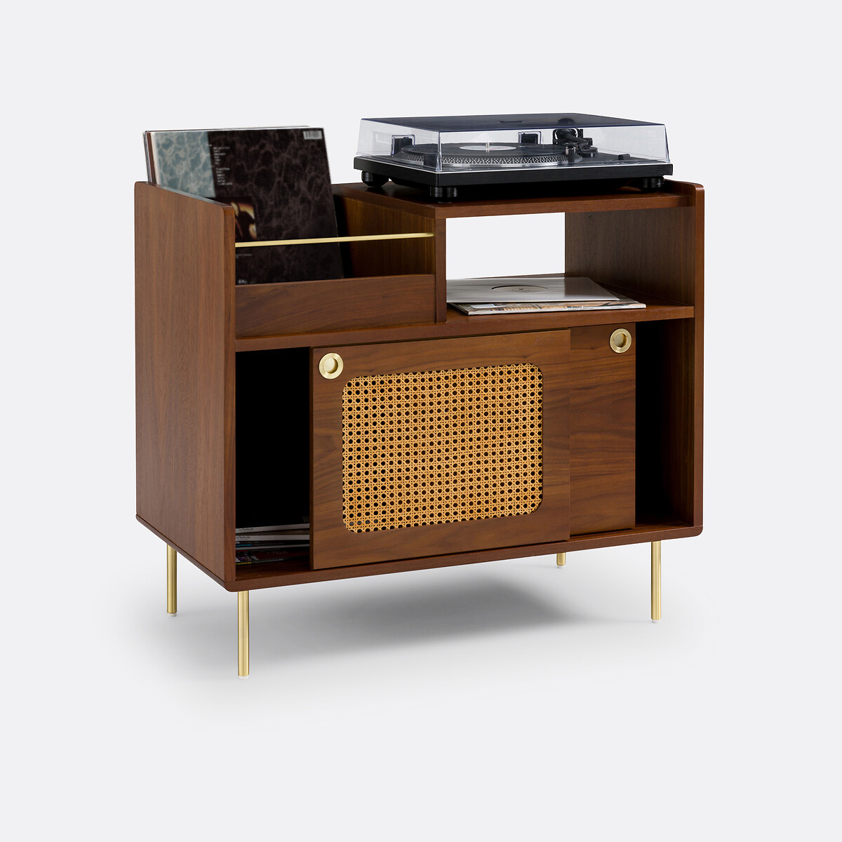 Meuble vinyles en plaqué noyer et cannage, Redpop noyer, LA REDOUTE INTERIEURS