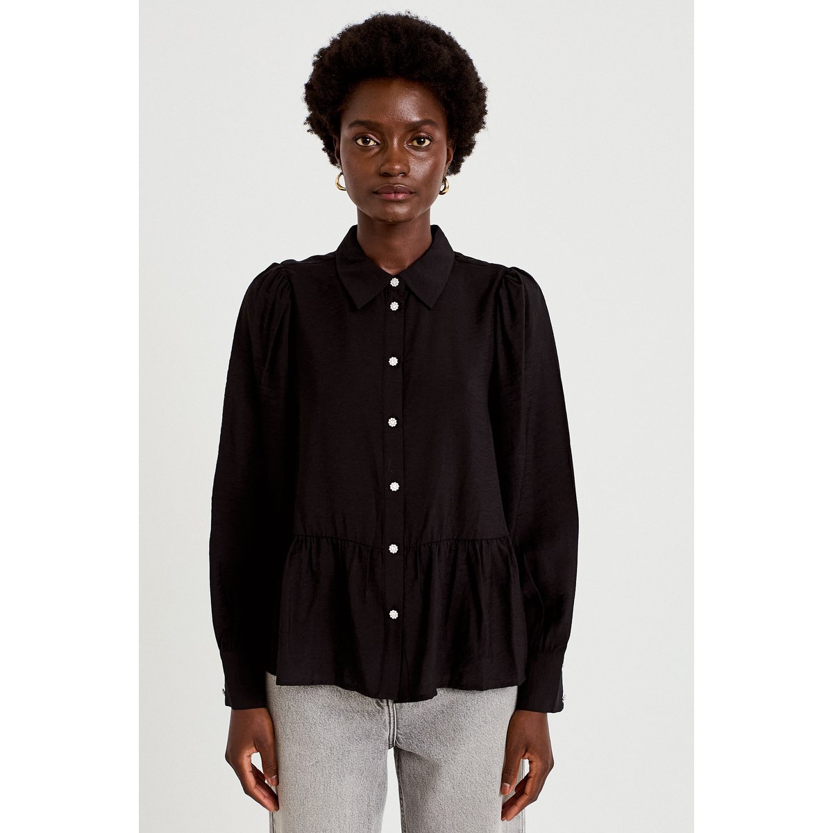Chemise droite plissée col américain noir, CACHE CACHE