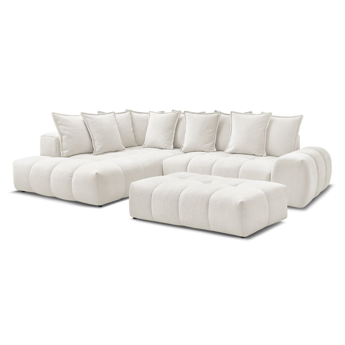 Canapé d'angle convertible 4 places en tissu texturé avec pouf, EVEREST blanc, BOBOCHIC