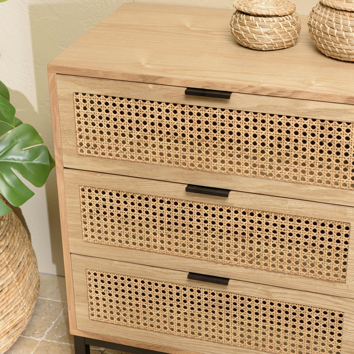 Commode 6 tiroirs bois clair et rotin pieds métal PALMA bois naturel, PIER IMPORT