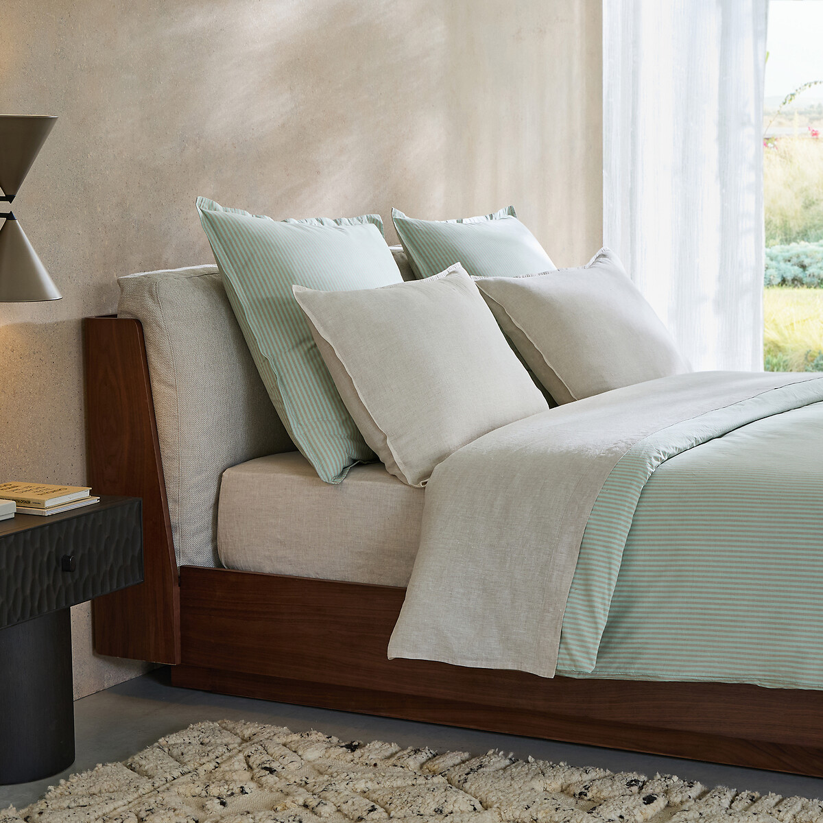 Drap plat en percale lavée 120 fils, VALLI rayé menthe / bronze, AM.PM