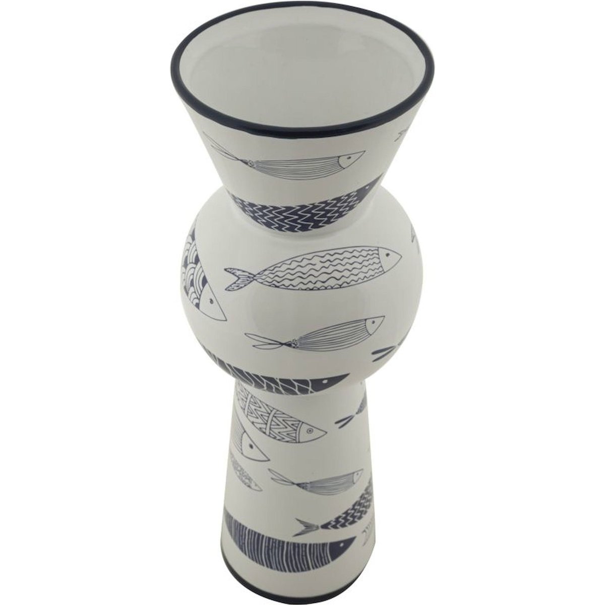 Vase haut en céramique motif poissons MODERN blanc avec décorations bleues, RECOLLECTION