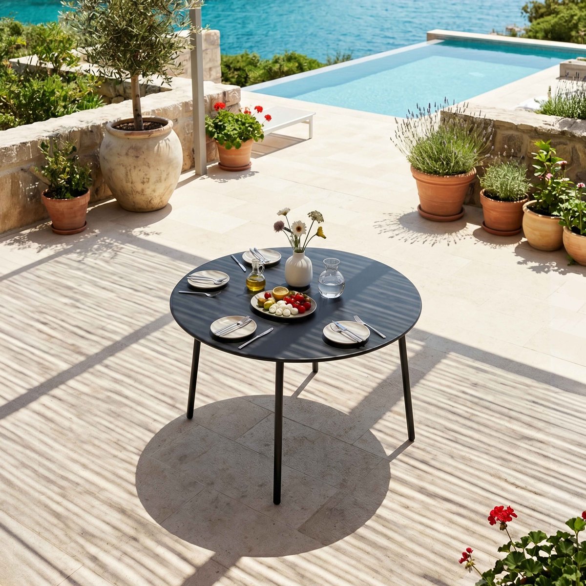 Salon de jardin table ronde et 6 fauteuils en métal, PALAVAS gris anthracite, OVIALA