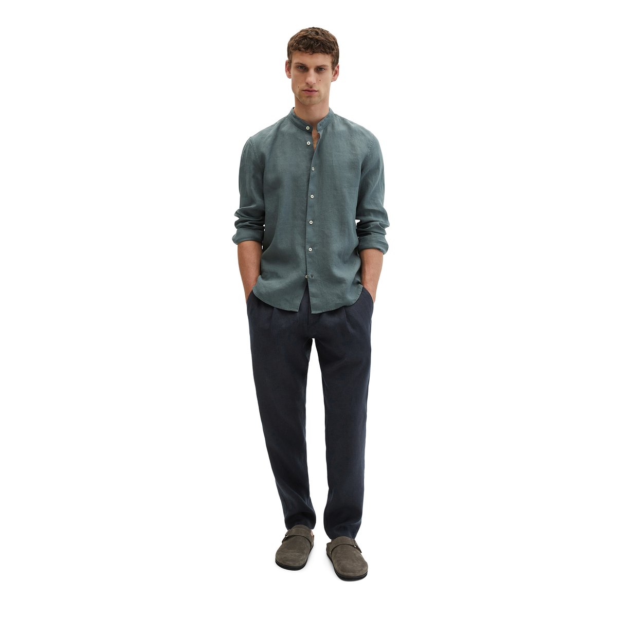 Chemise à col droit regular en pur lin anthracite, MARC O'POLO