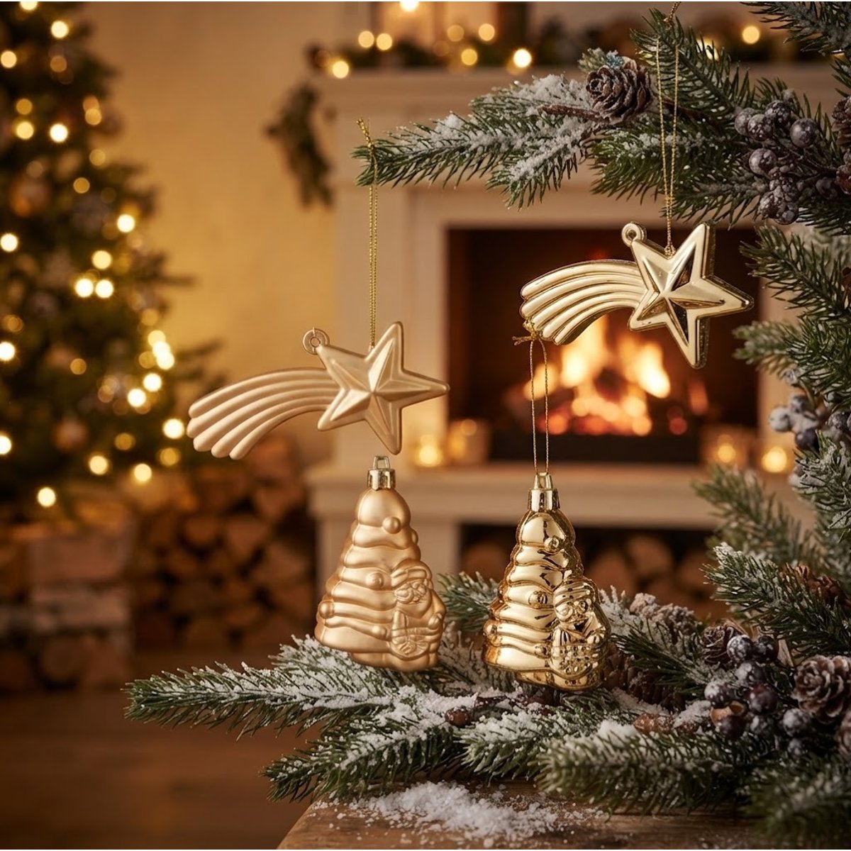 Lot de 4 Boules de Noël 2 Sapins et 2 Étoiles Brillant et Mat or, EDEN