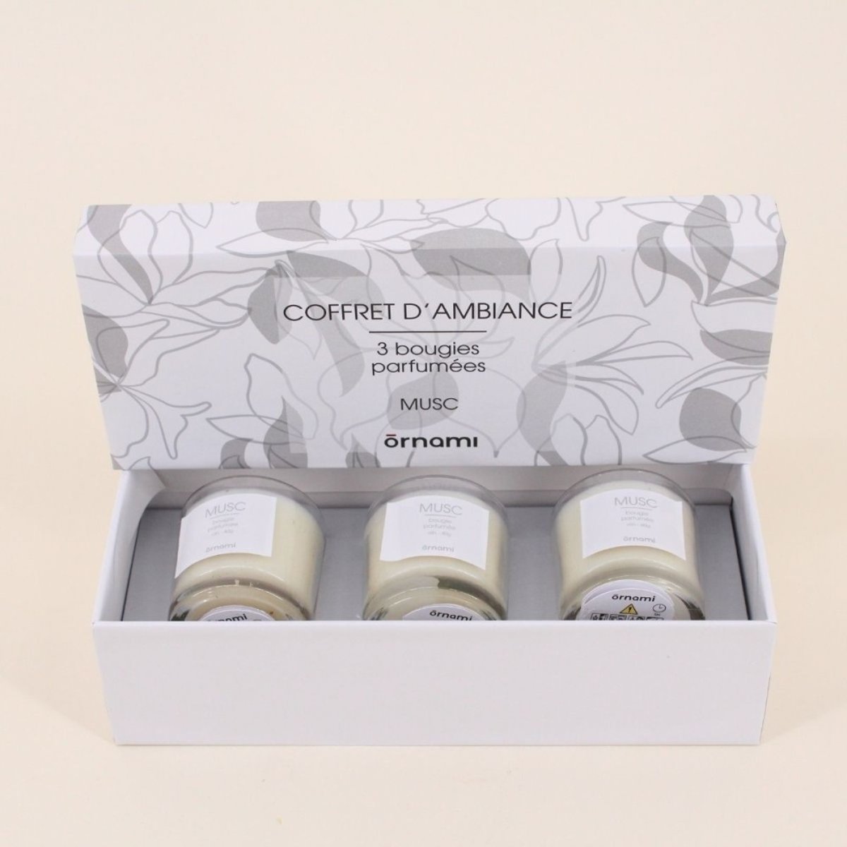 Coffret cadeau 3 bougies votives parfumées gris, ORNAMI