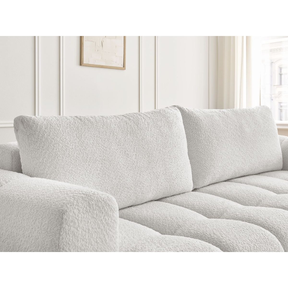 Canapé droit convertible 3 places en tissu bouclette avec pouf, FUJI blanc, BOBOCHIC