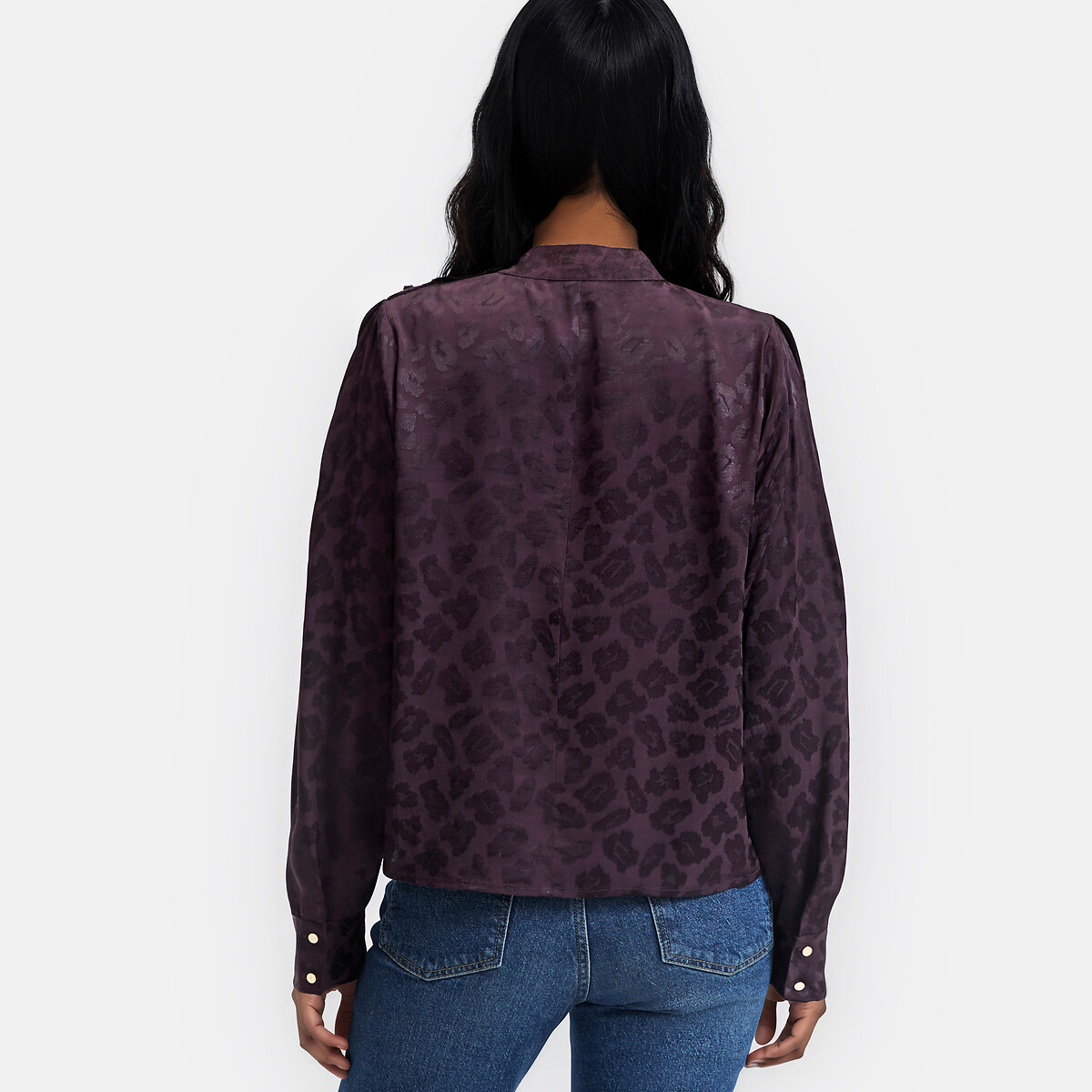 Blouse col montant, en satin jacquard motif léopard violet aubergine, LA REDOUTE COLLECTIONS