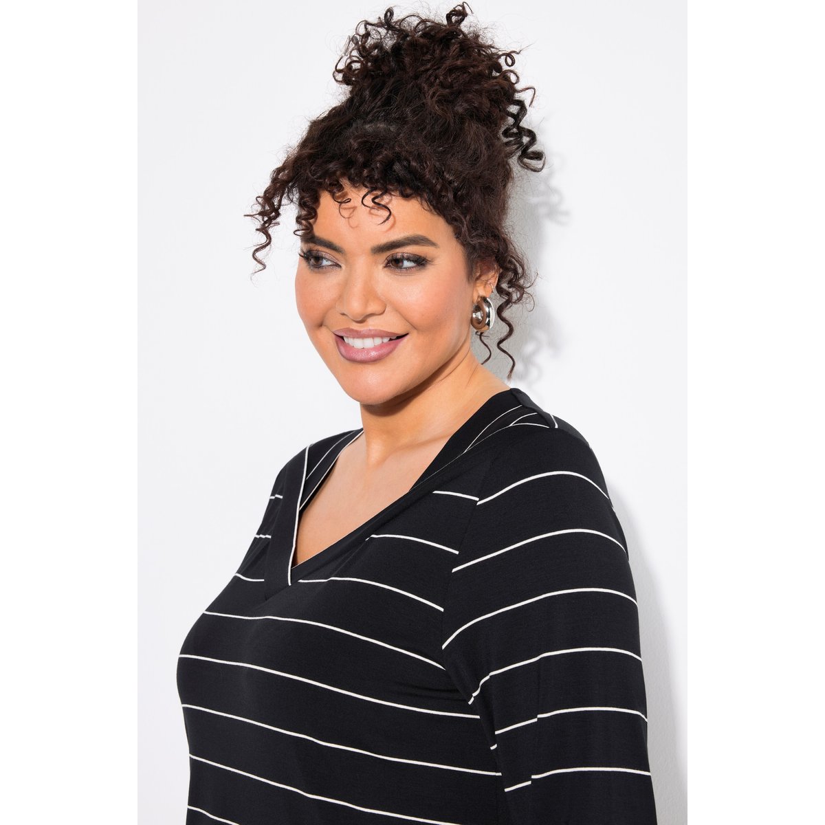 T-shirt rayé. Coupe Classic. Manches 3/4 noir, ULLA POPKEN
