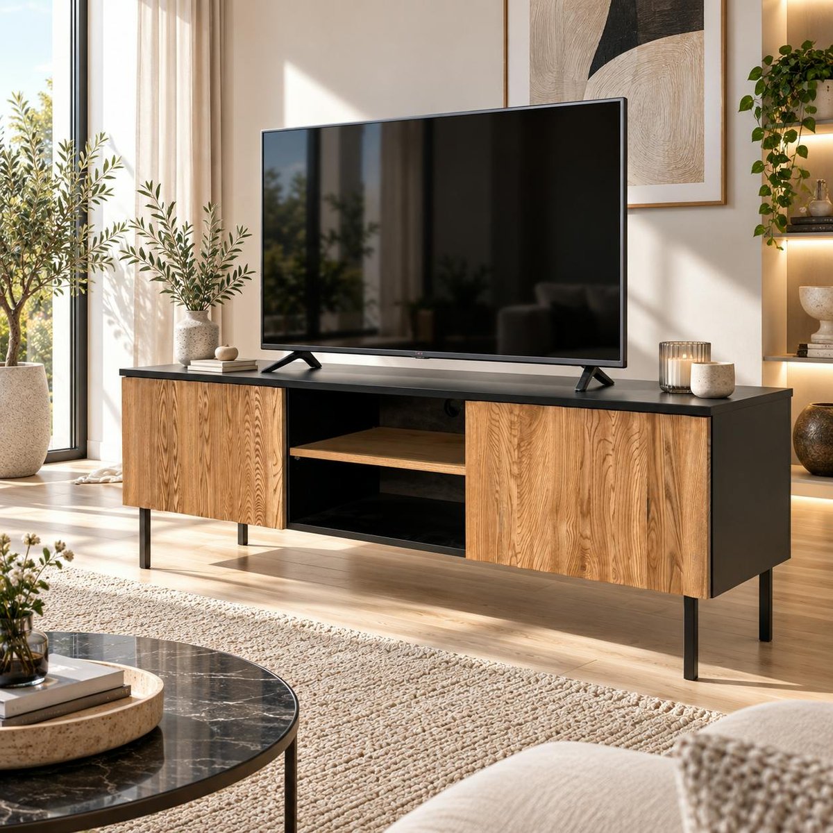 Meuble TV en bois bicolore avec façade ondulée TARAN bois naturel, PIER IMPORT