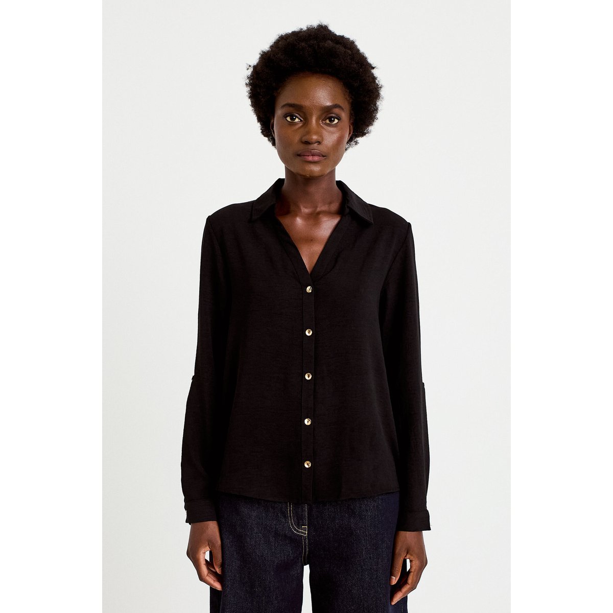 Chemise droite plissée manches longues noir, CACHE CACHE
