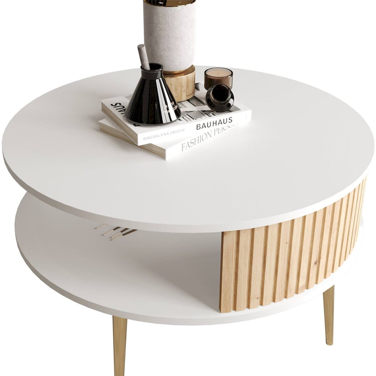 Table basse ronde à lamelles PIVIANO chêne et blanc, RECOLLECTION