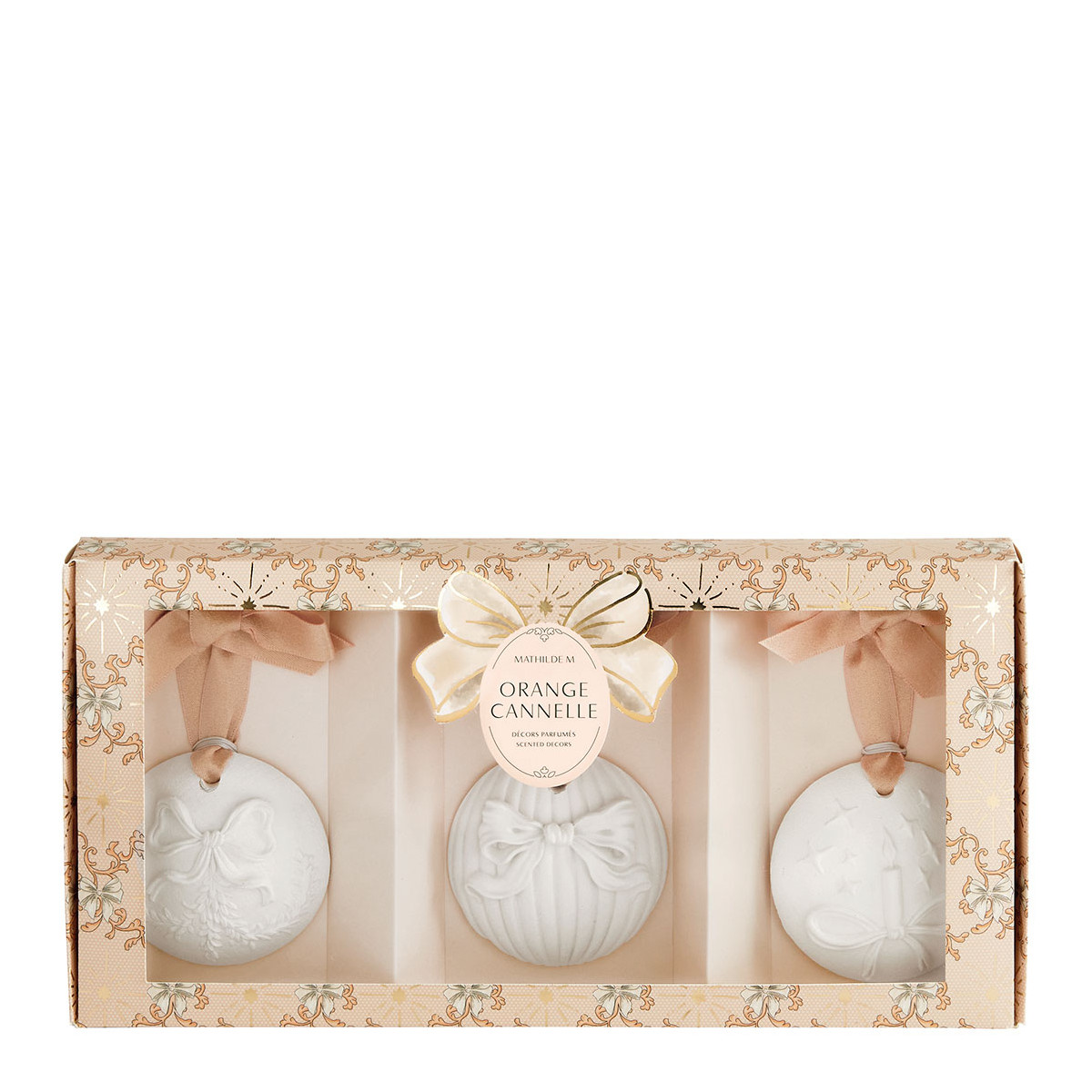 Coffret boules de Noël Orange Cannelle RUBANS DE FÊTE blanc, MATHILDE M