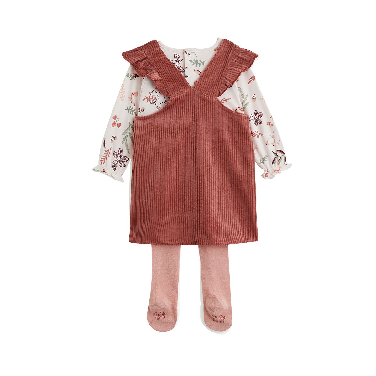 Ensemble robe bébé en velours côtelé, t-shirt et collant Evie rose, PETIT BEGUIN