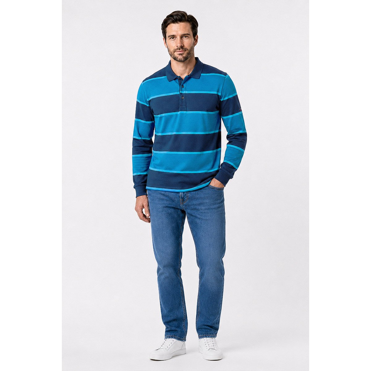 Polo rayé manches longues - coton marine deep/dark blue/wate, ARMOR-LUX