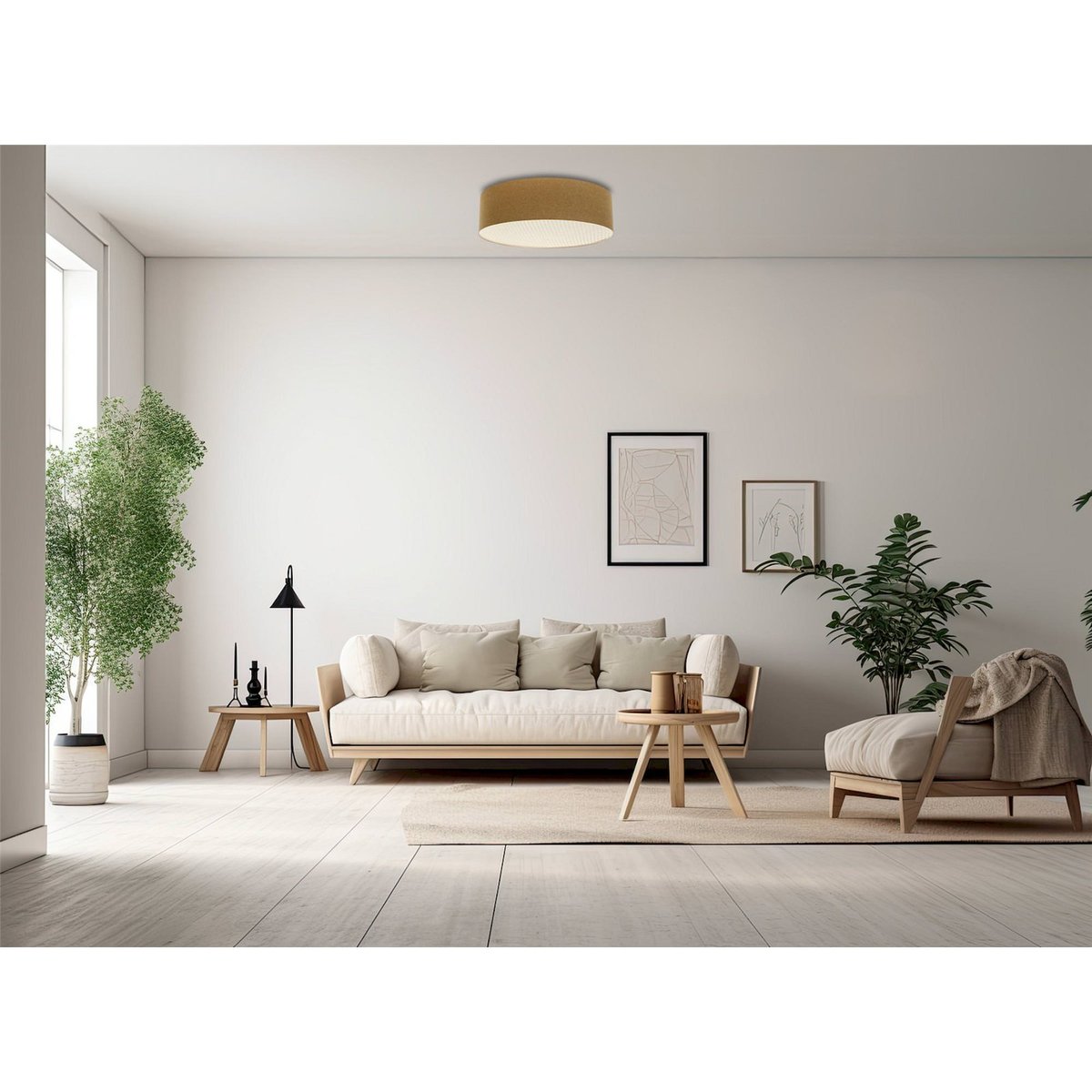 Plafonnier rond en tissu avec diffuseur rotin Boho Elegant beige et rotin naturel, BPS KONCEPT