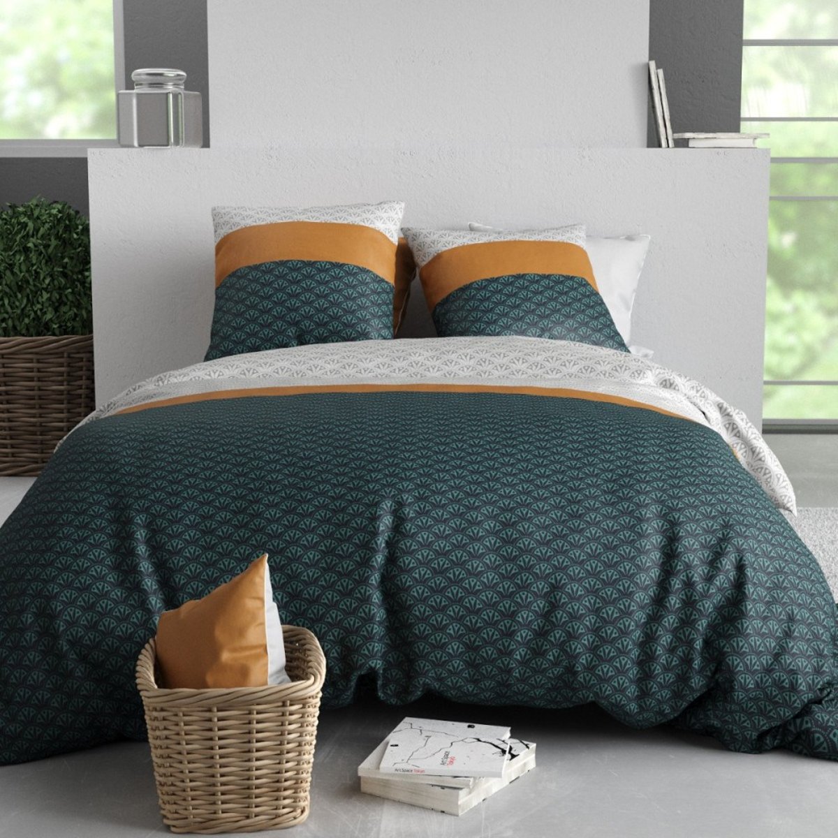 Housse de couette 100% coton 57 fils + 2 taies d’oreiller vert, DECORATIE