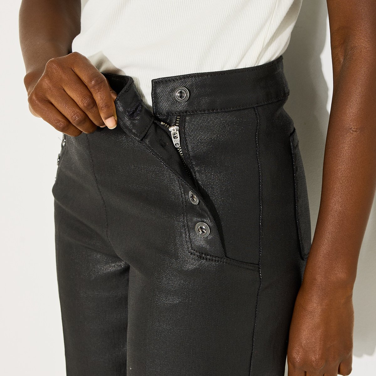 Jean flare enduit EPOMPON F02 noir, GRAIN DE MALICE