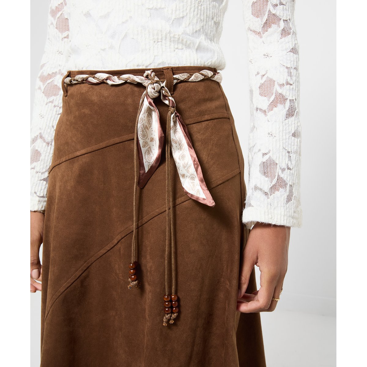 Jupe Mi-Longue en Suédine à Ceinture Tressée marron, JOE BROWNS