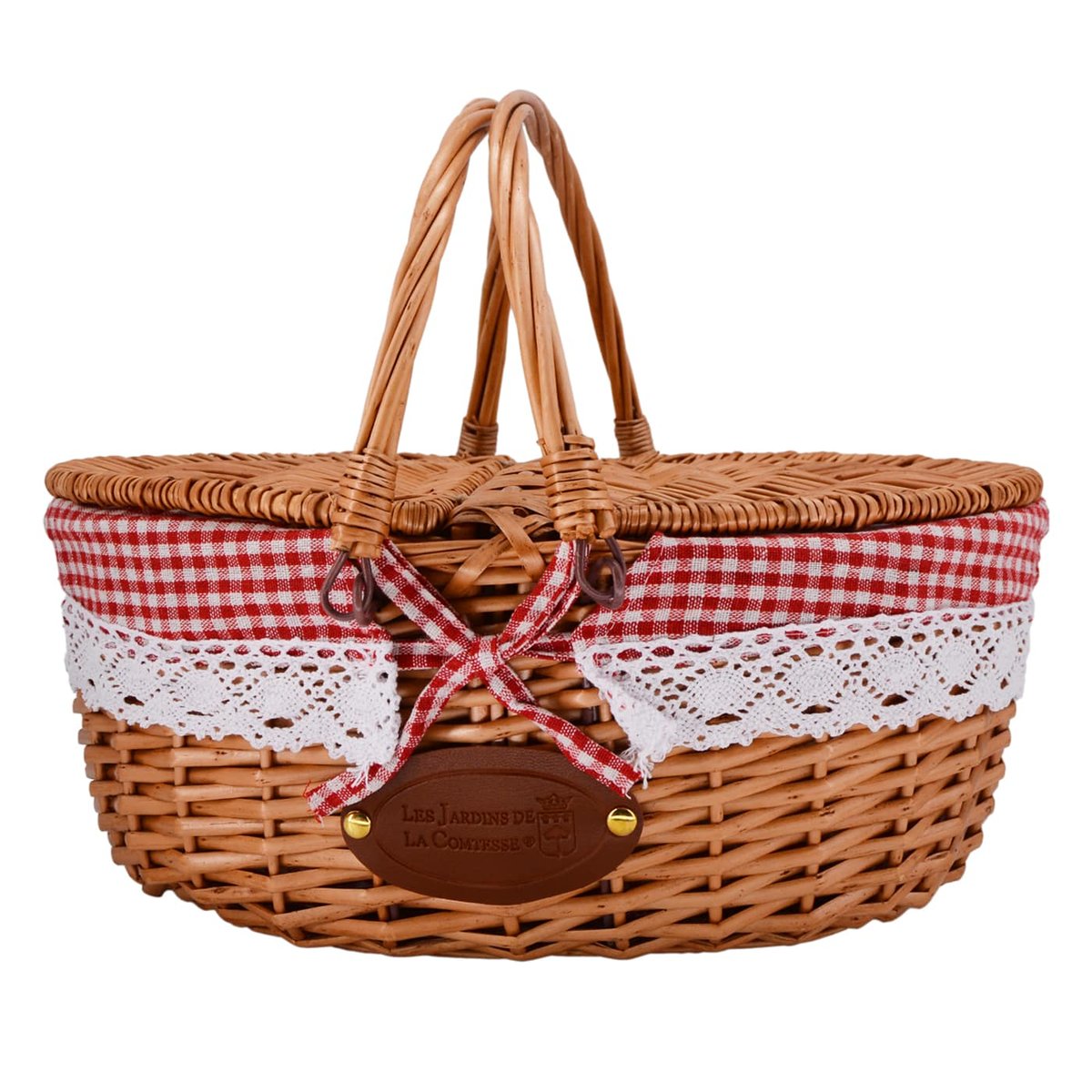 Panier en osier tissu dentelle vichy rouge couleur unique, LES JARDINS DE LA COMTESSE