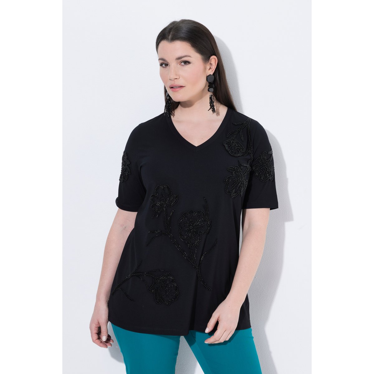 T-shirt avec perles fantaisie noir, ULLA POPKEN