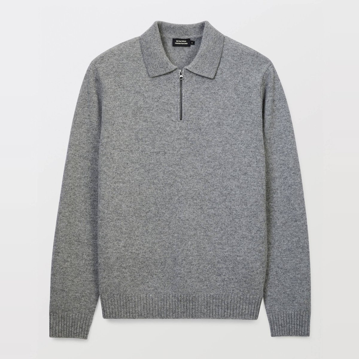 Pull col polo zippé en laine gris chine moyen, MONOPRIX