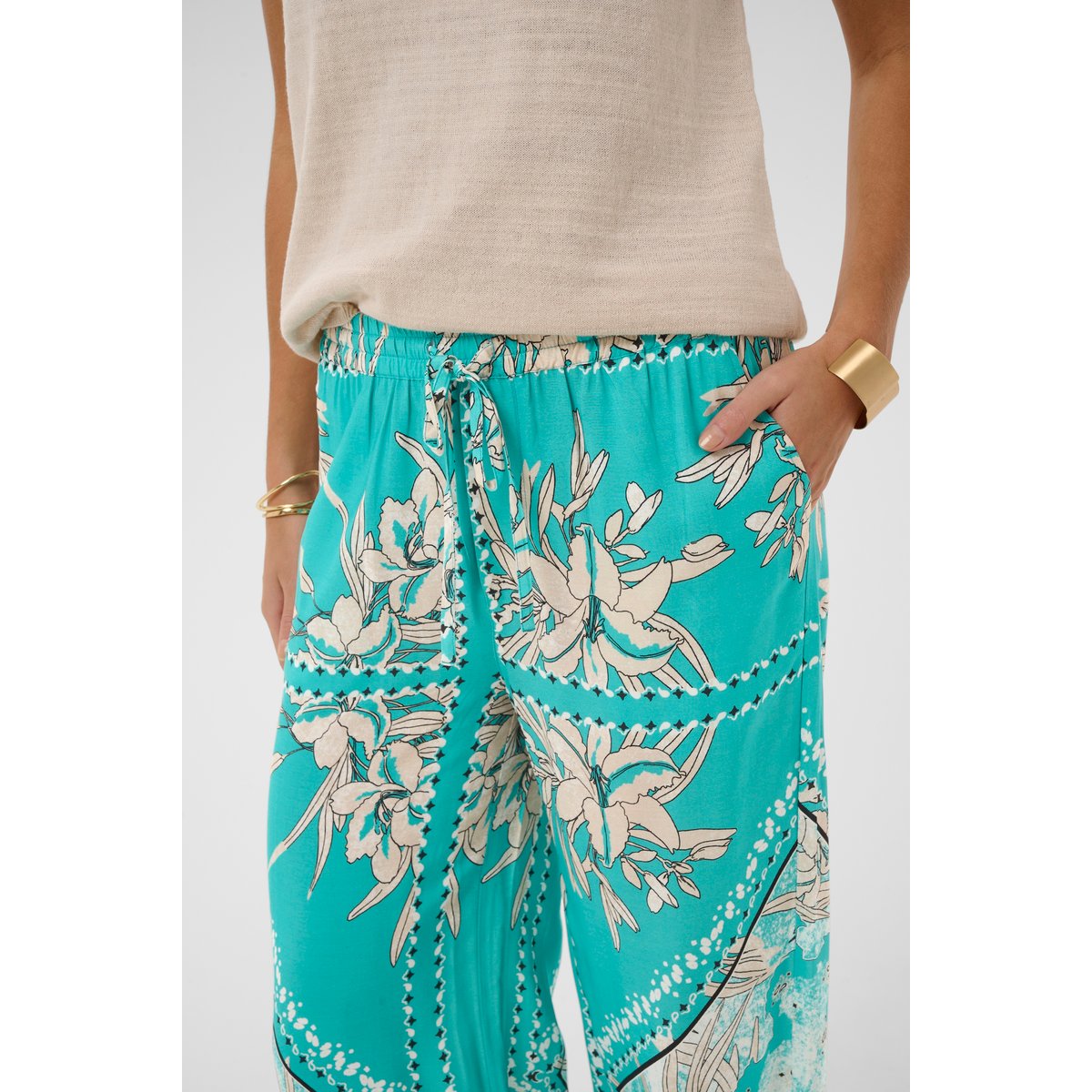 Pantalon casual bleu ceramic scarf print, CREAM