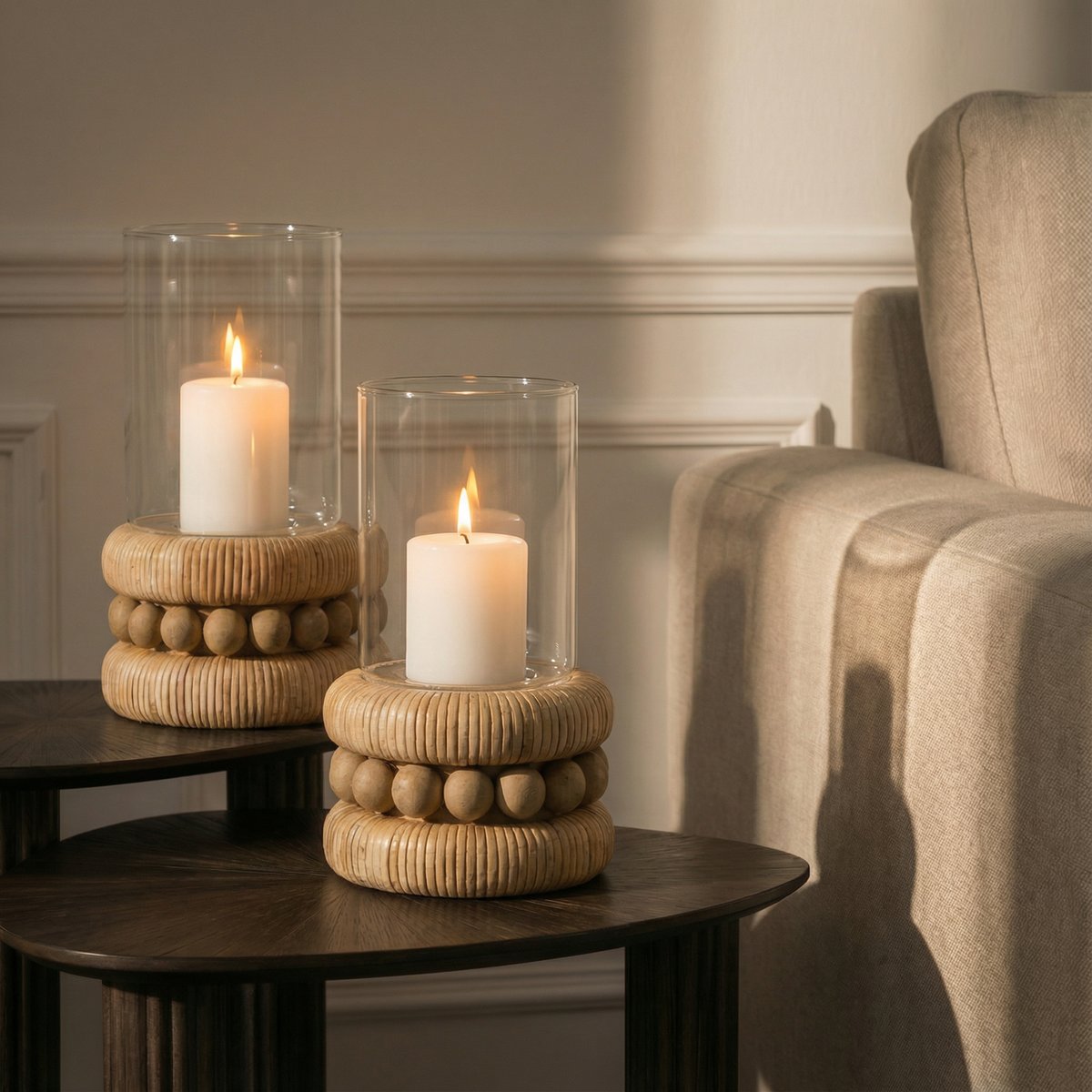 Porte-bougie en rotin H33 PERLINE beige, SIA DECO