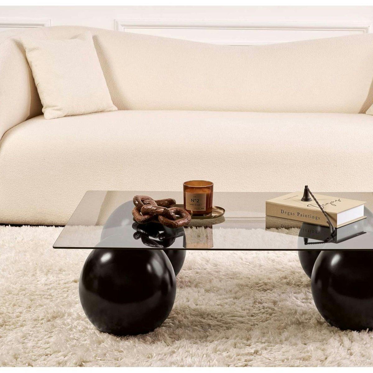 Table basse en verre 4 pieds boule KOCHI fumé, PIER IMPORT
