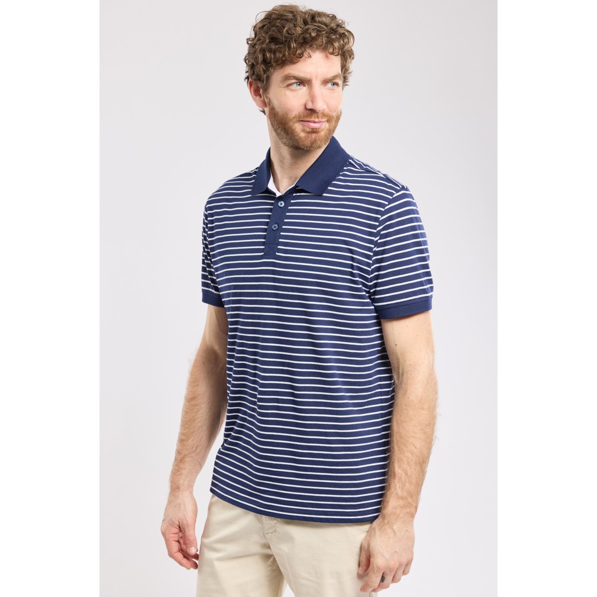 Polo rayé en coton léger marine deep / blanc, GUY DE BERAC
