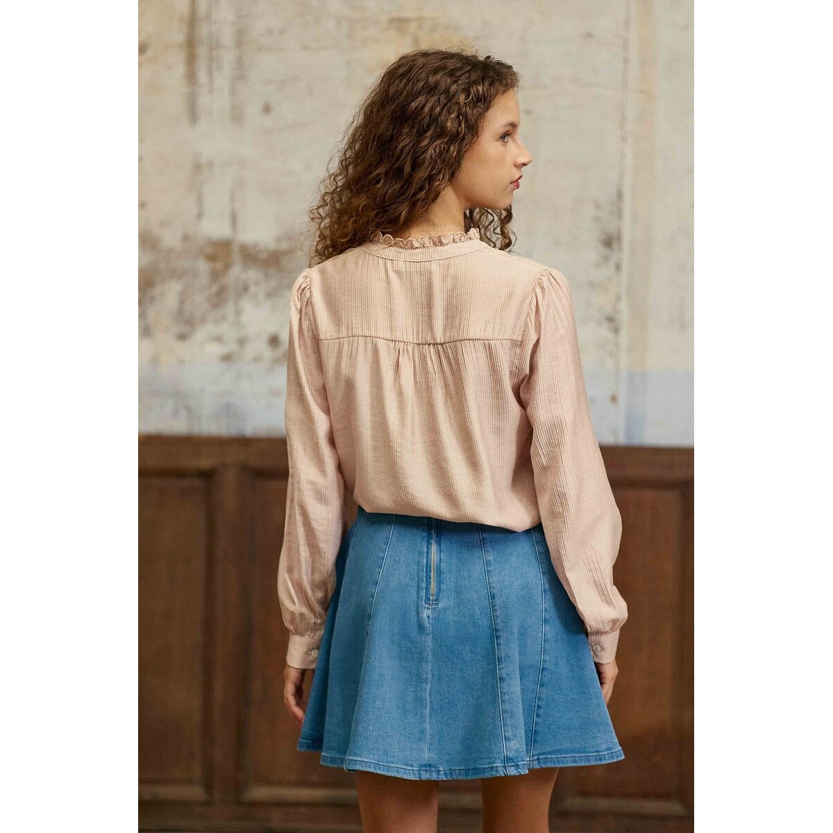 Blouse rayée manches longues col volanté, BOYA rose poudré, LA PETITE ETOILE