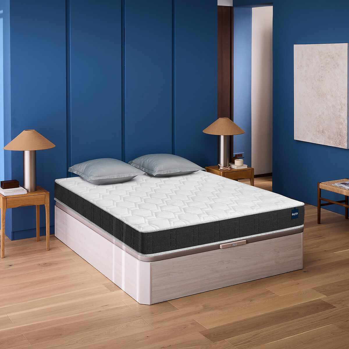 Ensemble matelas mousse BULTEX® et sommier lit coffre, Space Up chêne blanchi, BULTEX